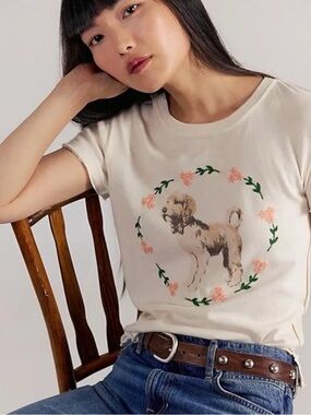 Free People Fur Friend Tee in Doodle Tea Embroidered Dog Doggie Size Large NWT